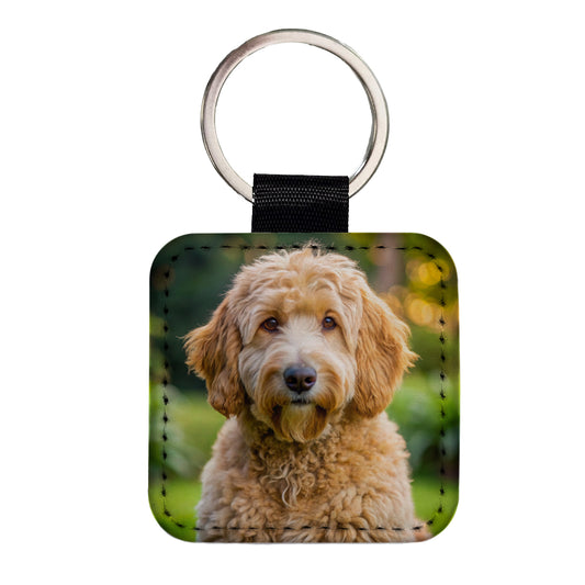 Labradoodle Dog Photo Square Faux Leather Keychain