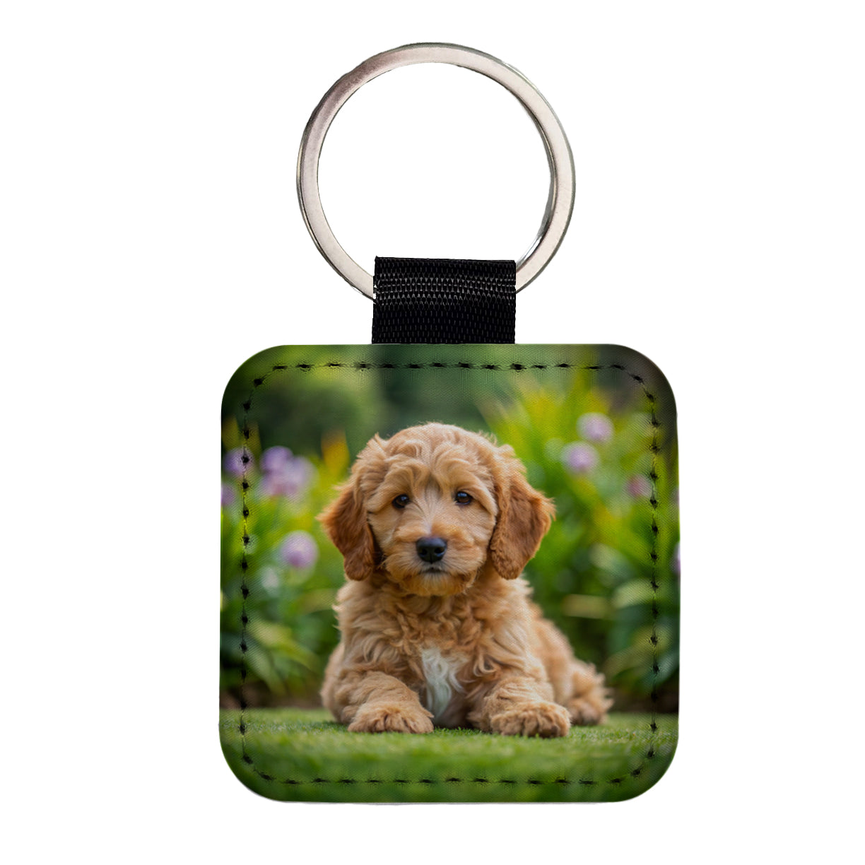 Labradoodle Dog Puppy Photo Square Faux Leather Keychain