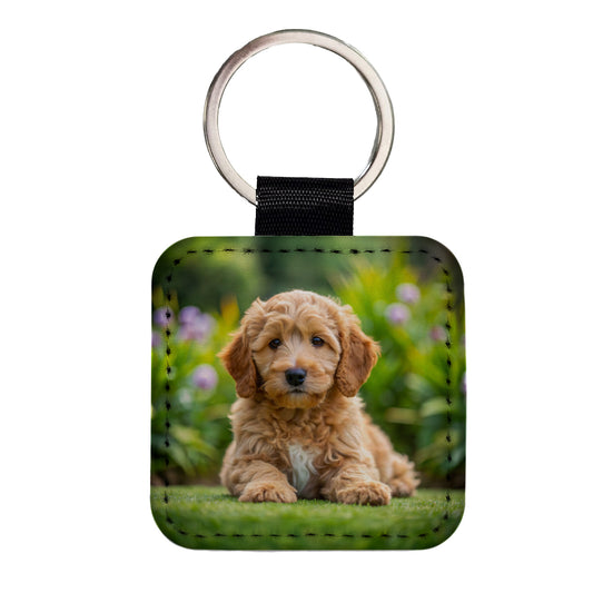 Labradoodle Dog Puppy Photo Square Faux Leather Keychain