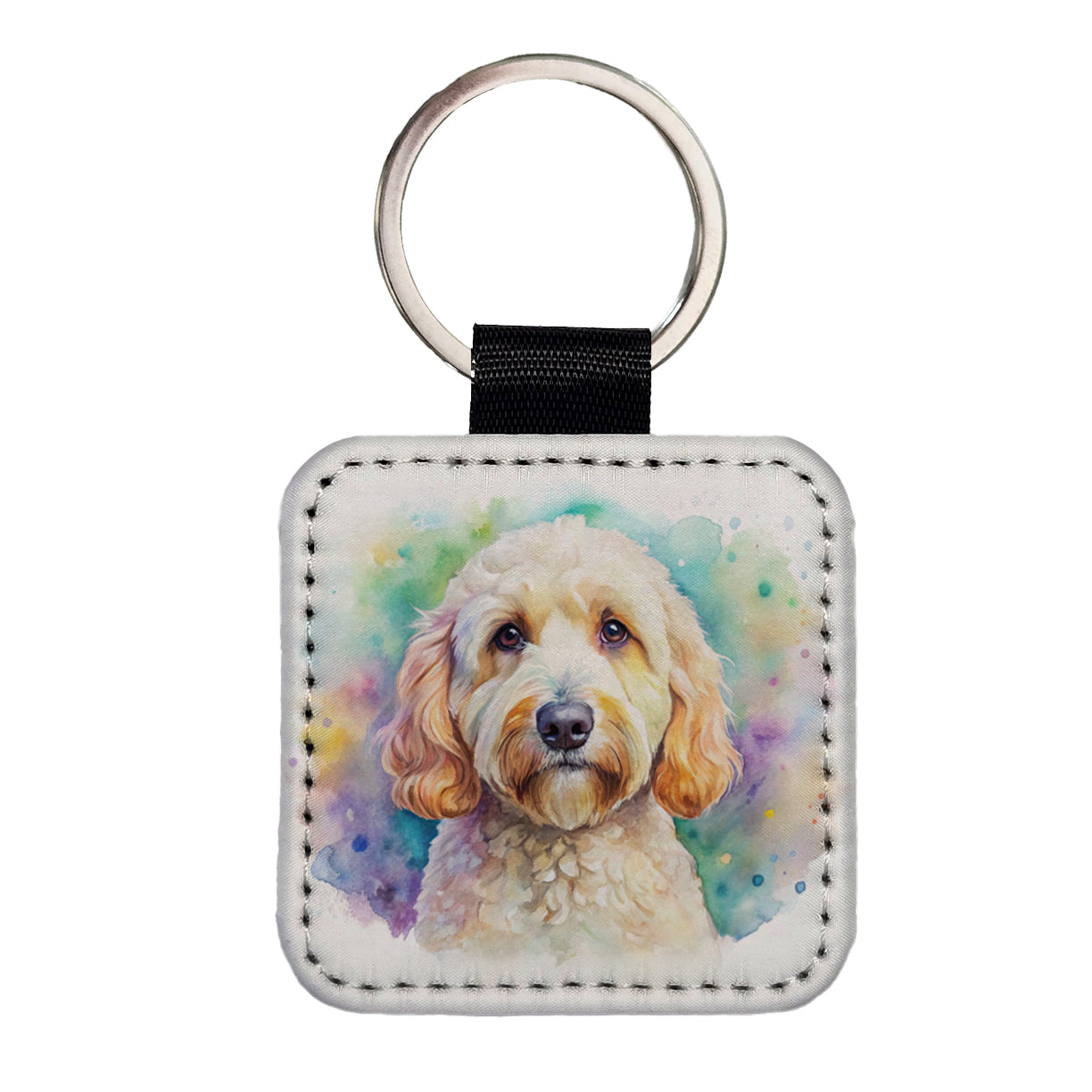 Labradoodle Dog Watercolor Style Square Faux Leather Keychain