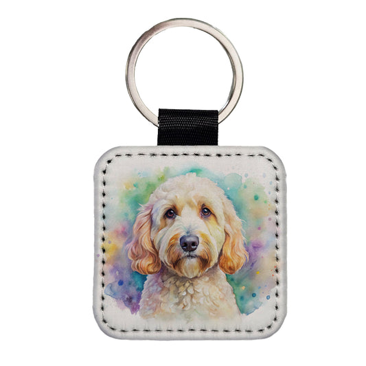 Labradoodle Dog Watercolor Style Square Faux Leather Keychain