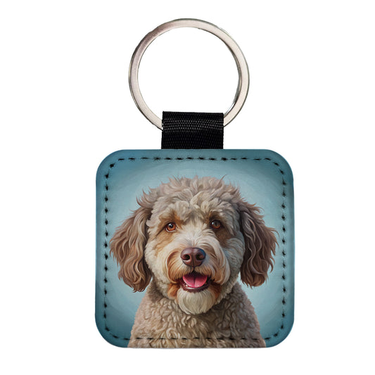 Lagotto Romagnolo Dog Illustration Square Faux Leather Keychain
