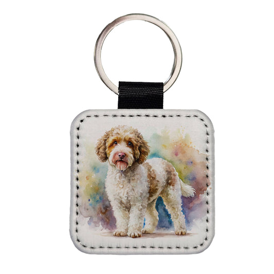 Lagotto Romagnolo Dog Watercolor Style Square Faux Leather Keychain
