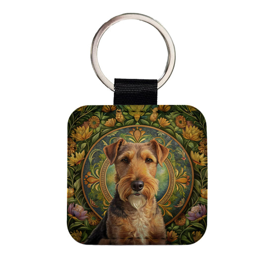 Lakeland Terrier Dog Art Nouveau Square Faux Leather Keychain