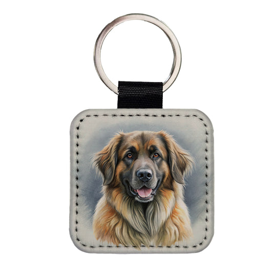 Leonberger Dog Illustration Square Faux Leather Keychain