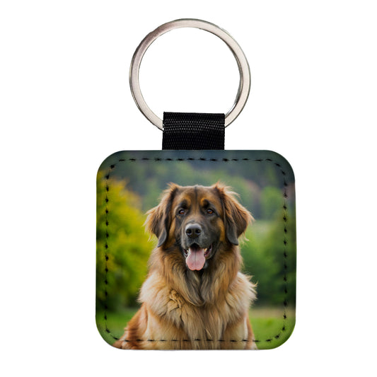 Leonberger Dog Photo Square Faux Leather Keychain