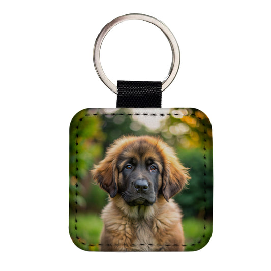 Leonberger Dog Puppy Photo Square Faux Leather Keychain