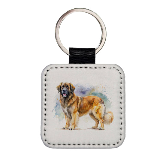 Leonberger Dog Watercolor Style Square Faux Leather Keychain