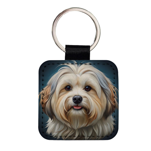 Lhasa Apso Dog Illustration Square Faux Leather Keychain