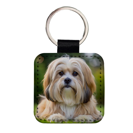 Lhasa Apso Dog Photo Square Faux Leather Keychain