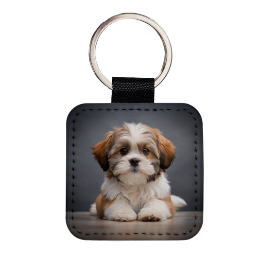 Lhasa Apso Dog Puppy Photo Square Faux Leather Keychain