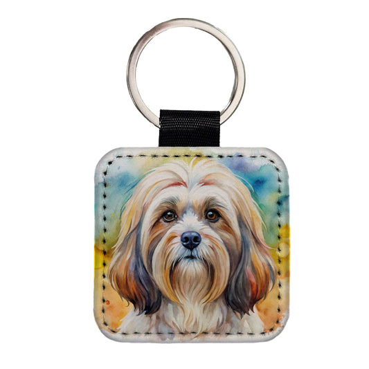 Lhasa Apso Dog Watercolor Style Square Faux Leather Keychain