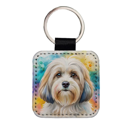 Lowchen Little Lion Dog Watercolor Style Square Faux Leather Keychain