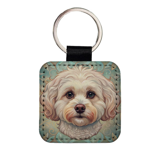 Maltipoo Dog Art Nouveau Square Faux Leather Keychain