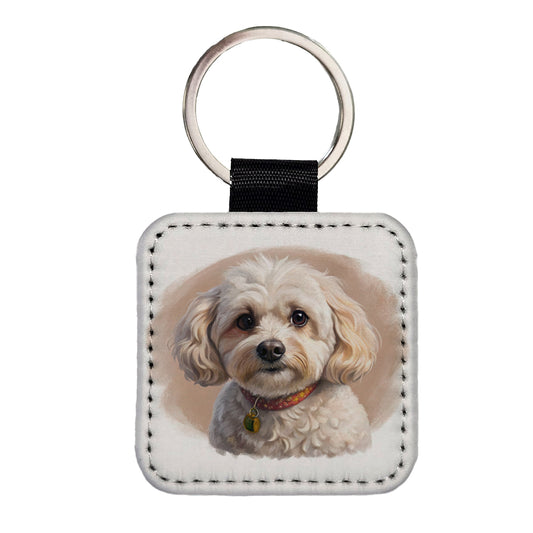 Maltipoo Dog Illustration Square Faux Leather Keychain