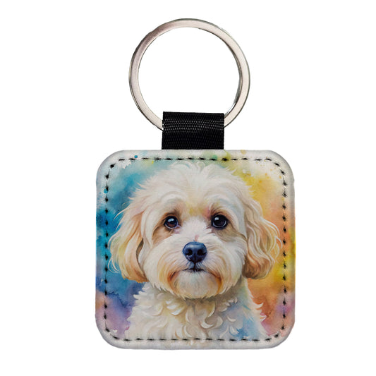 Maltipoo Dog Watercolor Style Square Faux Leather Keychain