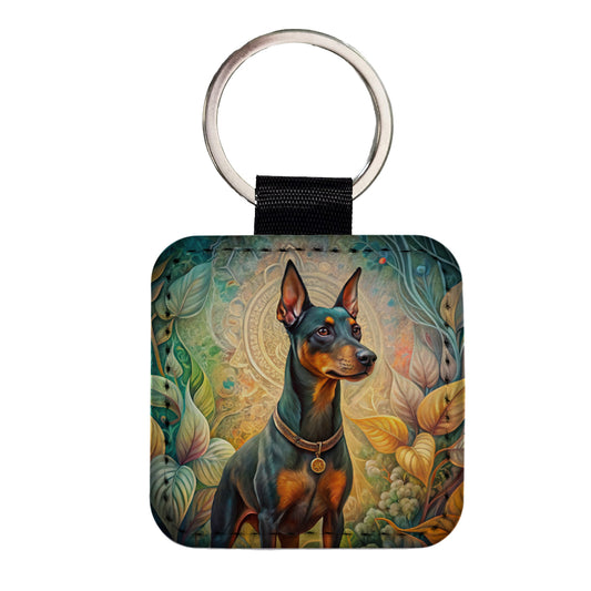 Manchester Terrier Dog Art Nouveau Square Faux Leather Keychain