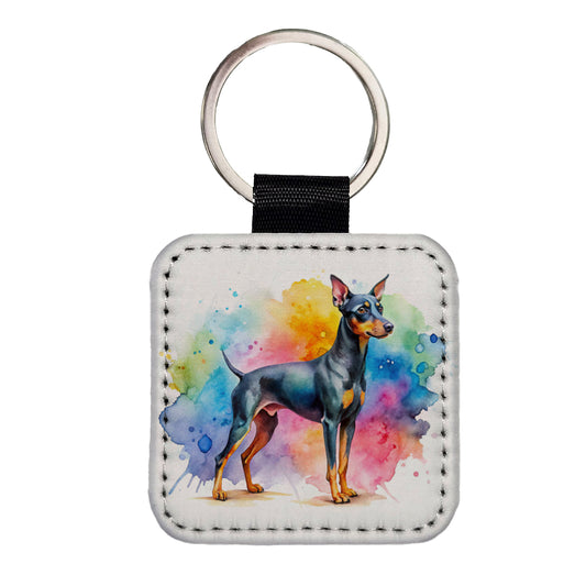 Manchester Terrier Dog Watercolor Style Square Faux Leather Keychain