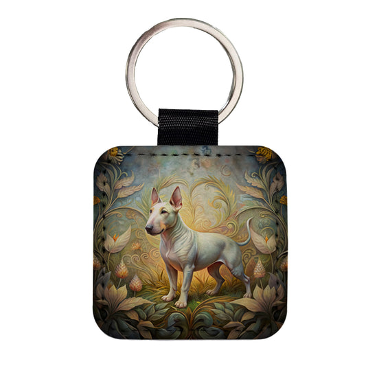 Miniature Bull Terrier Dog Art Nouveau Square Faux Leather Keychain