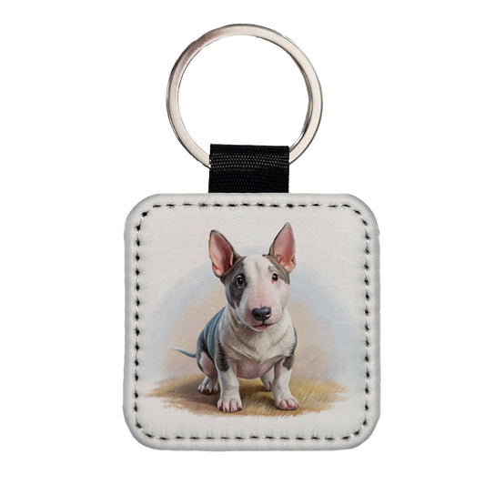 Miniature Bull Terrier Dog Illustration Square Faux Leather Keychain