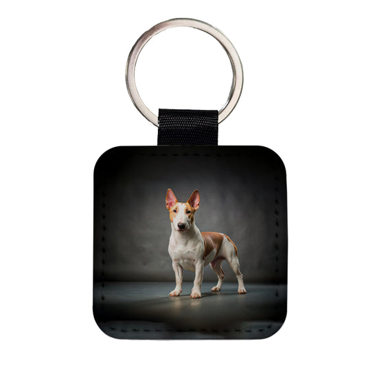 Miniature Bull Terrier Dog Photo Square Faux Leather Keychain