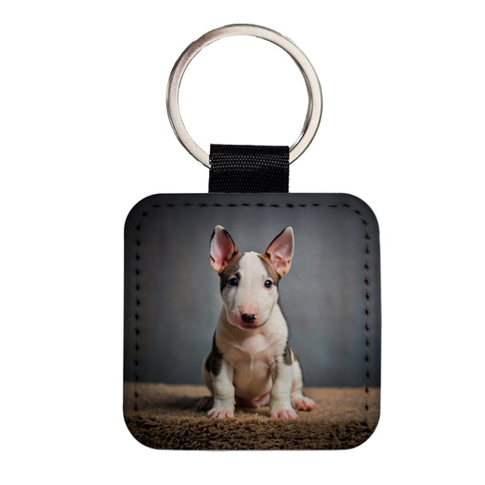 Miniature Bull Terrier Dog Puppy Photo Square Faux Leather Keychain