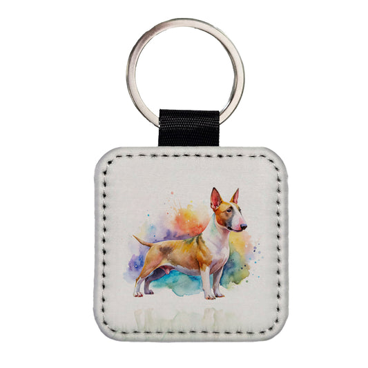 Miniature Bull Terrier Dog Watercolor Style Square Faux Leather Keychain