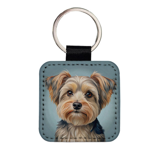 Morkie Dog Illustration Square Faux Leather Keychain