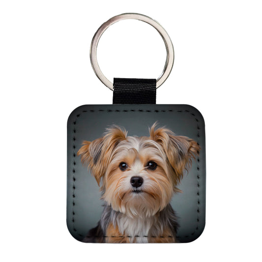 Morkie Dog Photo Square Faux Leather Keychain