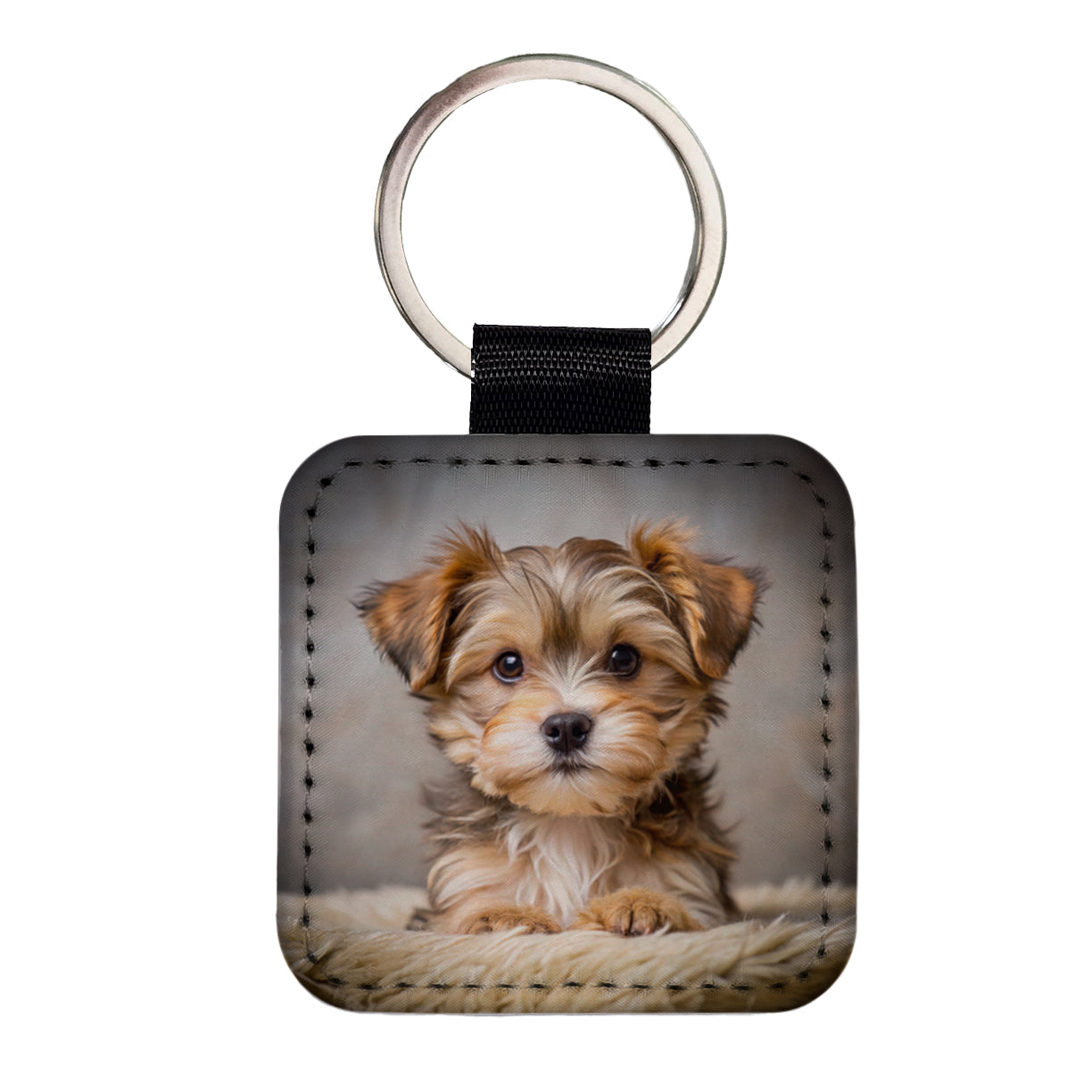Morkie Dog Puppy Photo Square Faux Leather Keychain