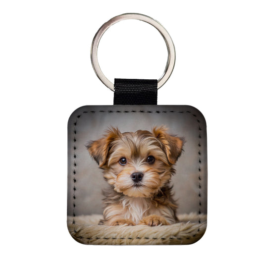 Morkie Dog Puppy Photo Square Faux Leather Keychain
