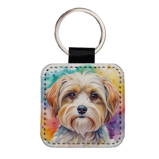 Morkie Dog Watercolor Style Square Faux Leather Keychain