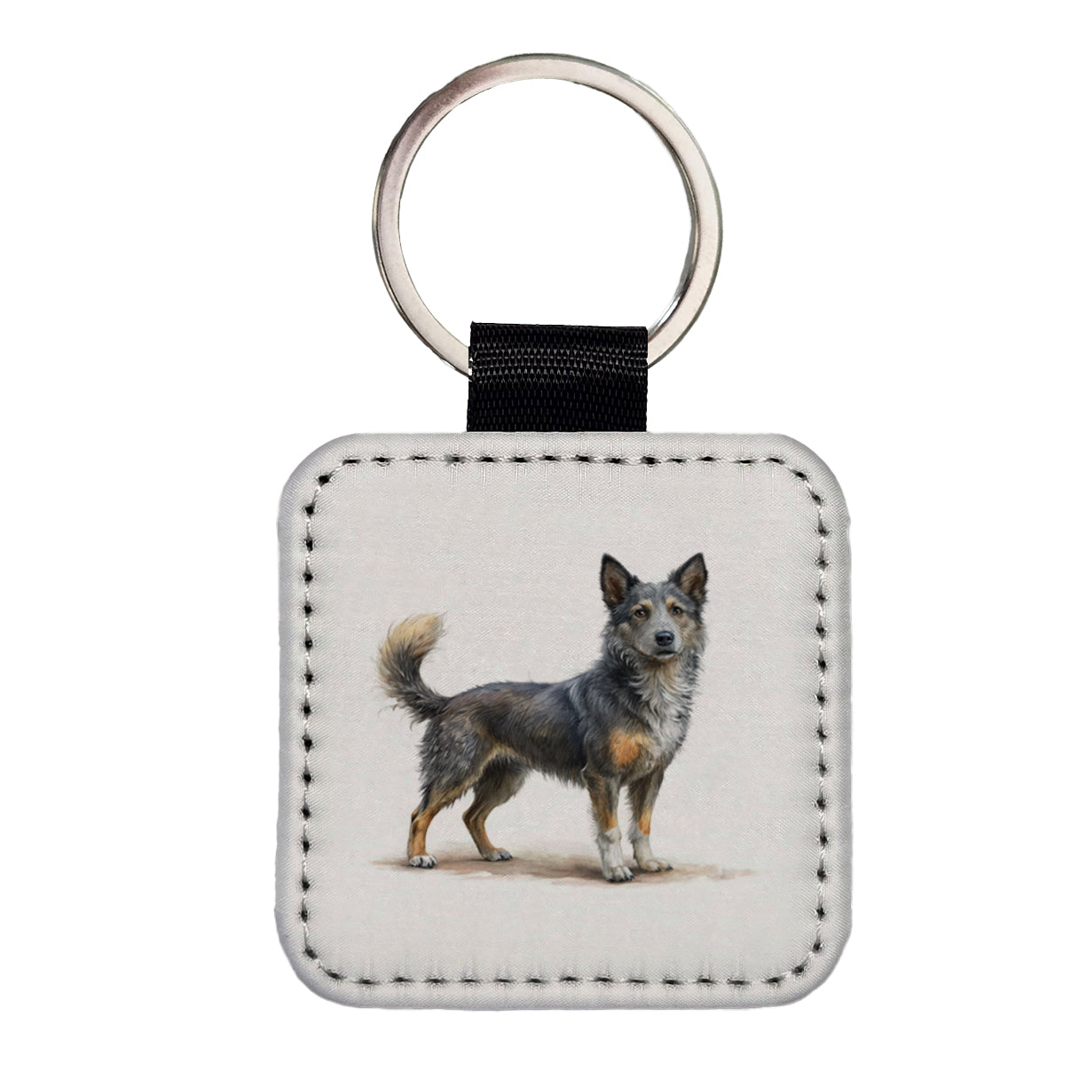 Mudi Dog Illustration Square Faux Leather Keychain