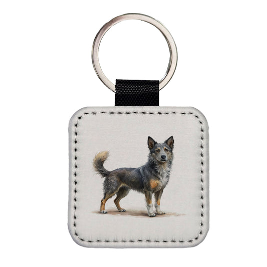 Mudi Dog Illustration Square Faux Leather Keychain