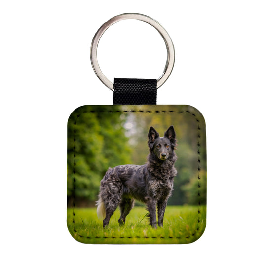 Mudi Dog Photo Square Faux Leather Keychain
