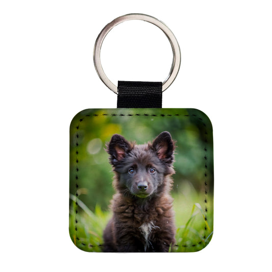 Mudi Dog Puppy Photo Square Faux Leather Keychain