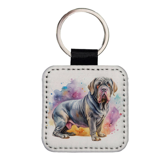 Neapolitan Mastiff Dog Watercolor Style Square Faux Leather Keychain