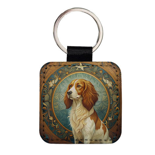 Nederlandse Kooikerhondje Dog Art Nouveau Square Faux Leather Keychain
