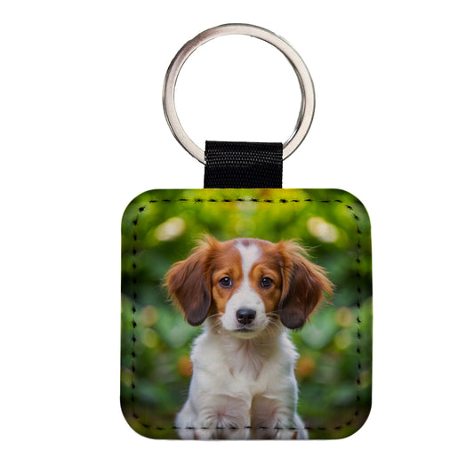 Nederlandse Kooikerhondje Dog Puppy Photo Square Faux Leather Keychain