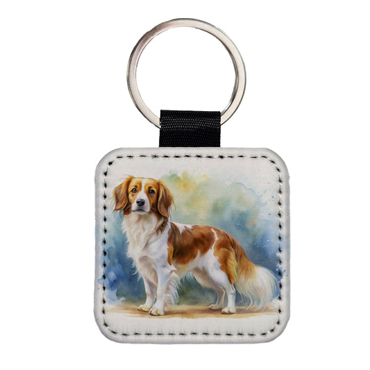 Nederlandse Kooikerhondje Dog Watercolor Style Square Faux Leather Keychain