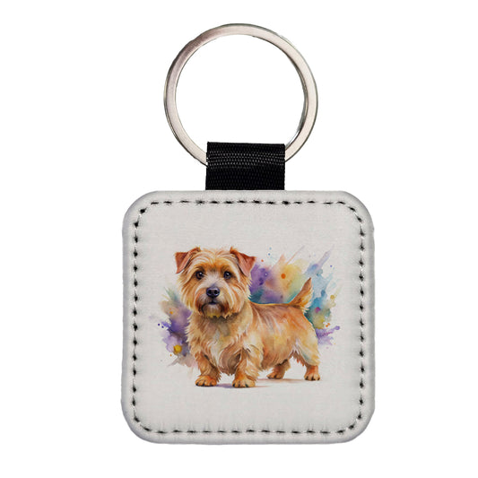 Norfolk Terrier Dog Watercolor Style Square Faux Leather Keychain