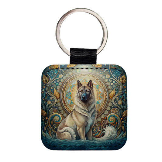 Norwegian Elkhound Dog Art Nouveau Square Faux Leather Keychain