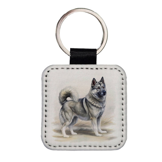 Norwegian Elkhound Dog Illustration Square Faux Leather Keychain