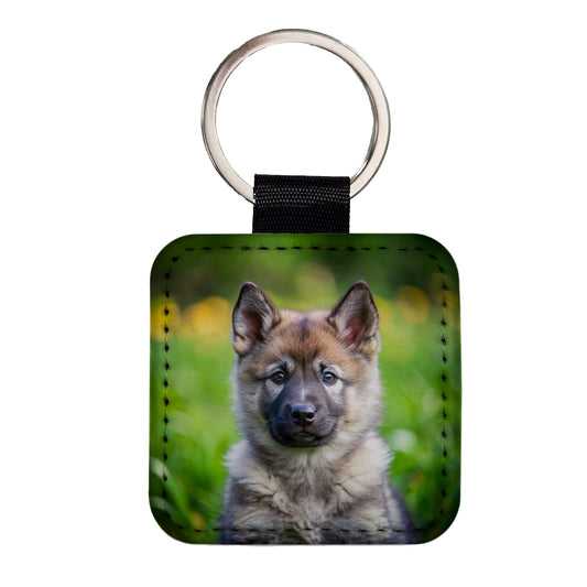 Norwegian Elkhound Dog Puppy Photo Square Faux Leather Keychain