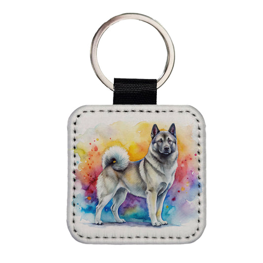 Norwegian Elkhound Dog Watercolor Style Square Faux Leather Keychain