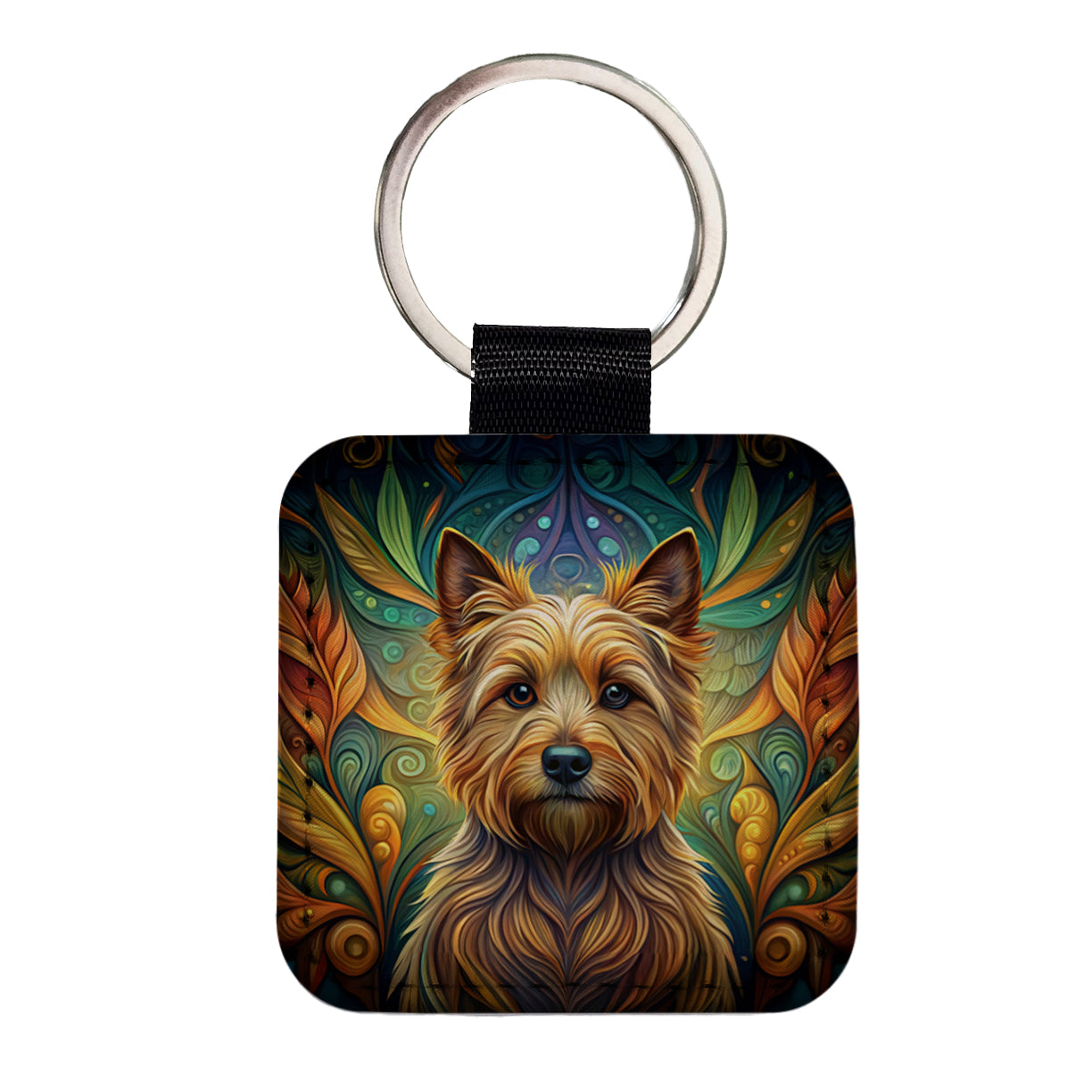 Norwich Terrier Dog Art Nouveau Square Faux Leather Keychain