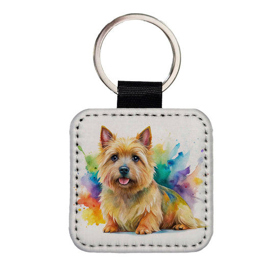 Norwich Terrier Dog Watercolor Style Square Faux Leather Keychain