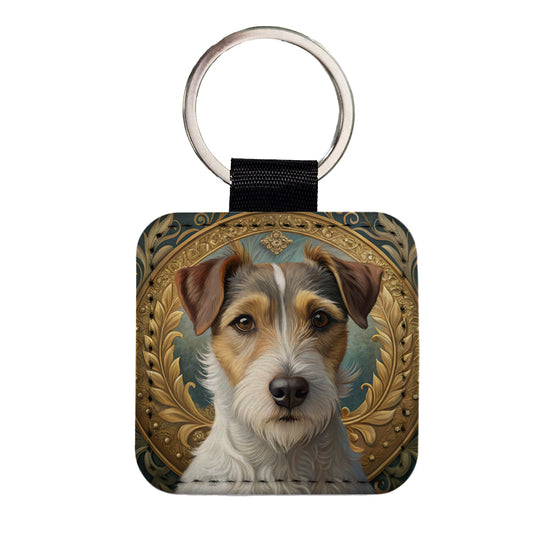Parson Russell Terrier Dog Art Nouveau Square Faux Leather Keychain