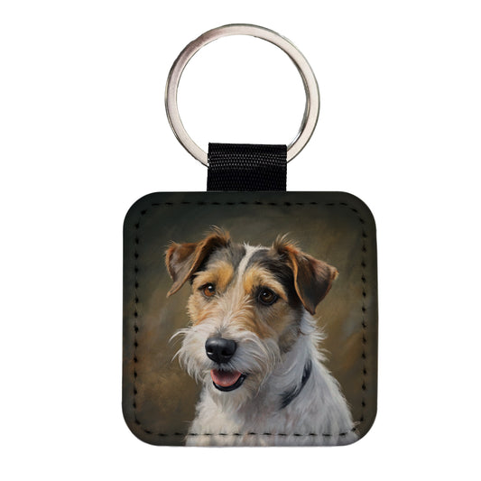 Parson Russell Terrier Dog Illustration Square Faux Leather Keychain