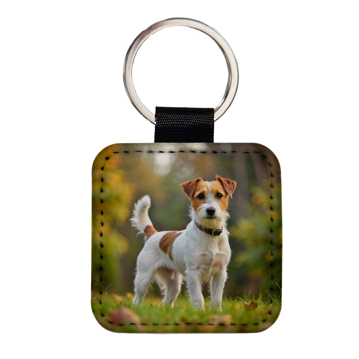 Parson Russell Terrier Dog Photo Square Faux Leather Keychain